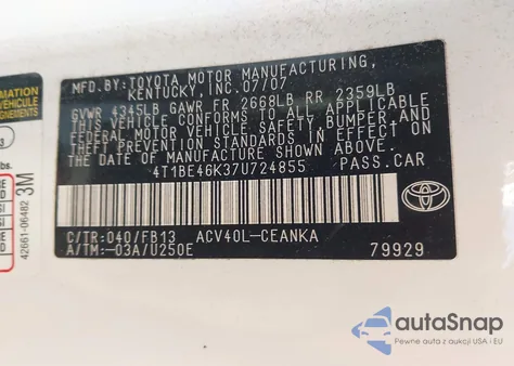2007 Toyota Camry Le from USA, damaged, VIN 4T1BE46K37U724855